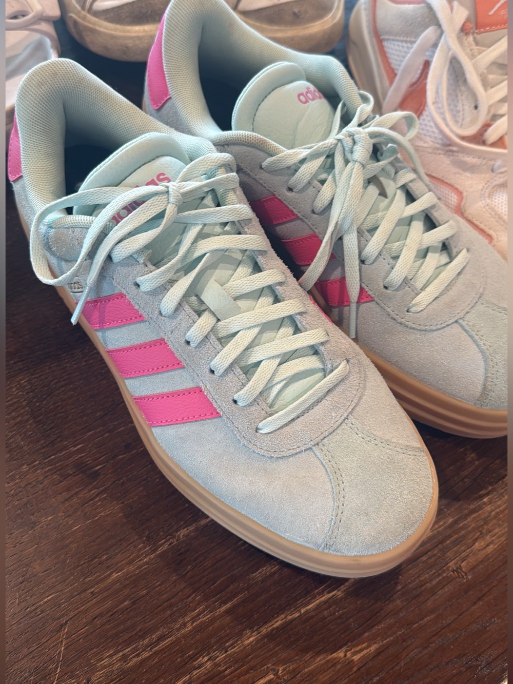 adidas Women’s Mint Suede Sneakers with Pink Stripes